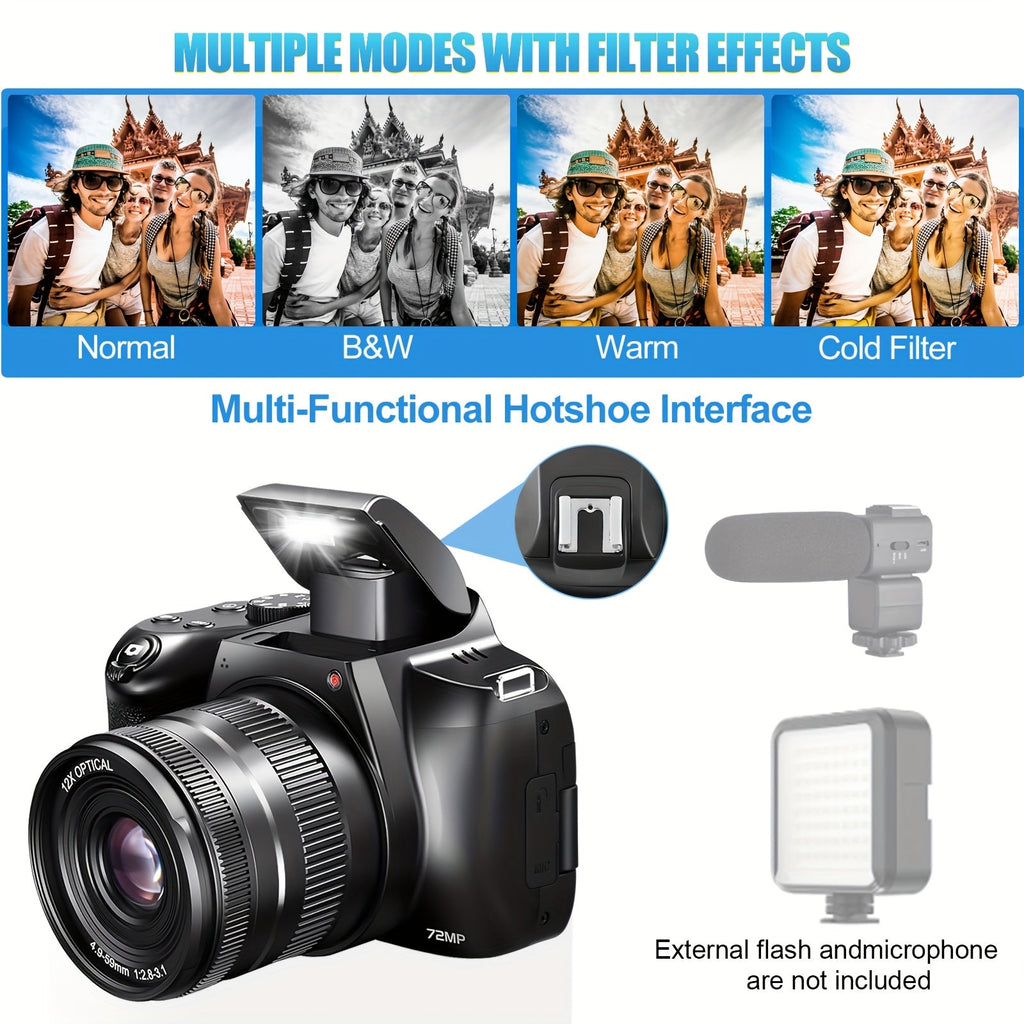 4K Digital Camera For Photography - 12X Optical Zoom 72MP Vlogging Camera For YouTube With 3" 180° Flip Screen, Autofocus Compact Camera With Battery, 64GB SD Card, USB Card Reader & Charging Stand Lootquake LLC
