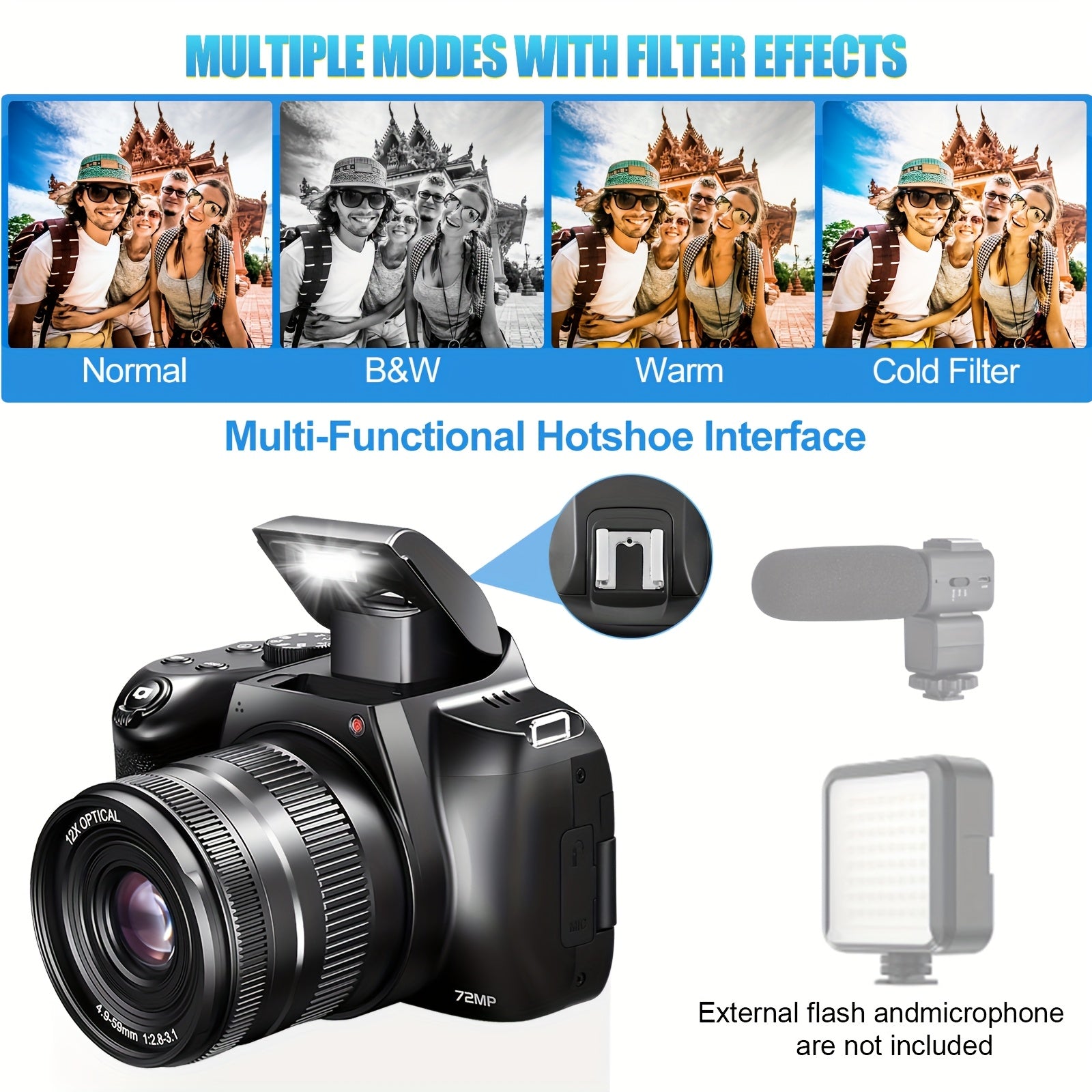 4K Digital Camera For Photography - 12X Optical Zoom 72MP Vlogging Camera For YouTube With 3" 180° Flip Screen, Autofocus Compact Camera With Battery, 64GB SD Card, USB Card Reader & Charging Stand Lootquake LLC
