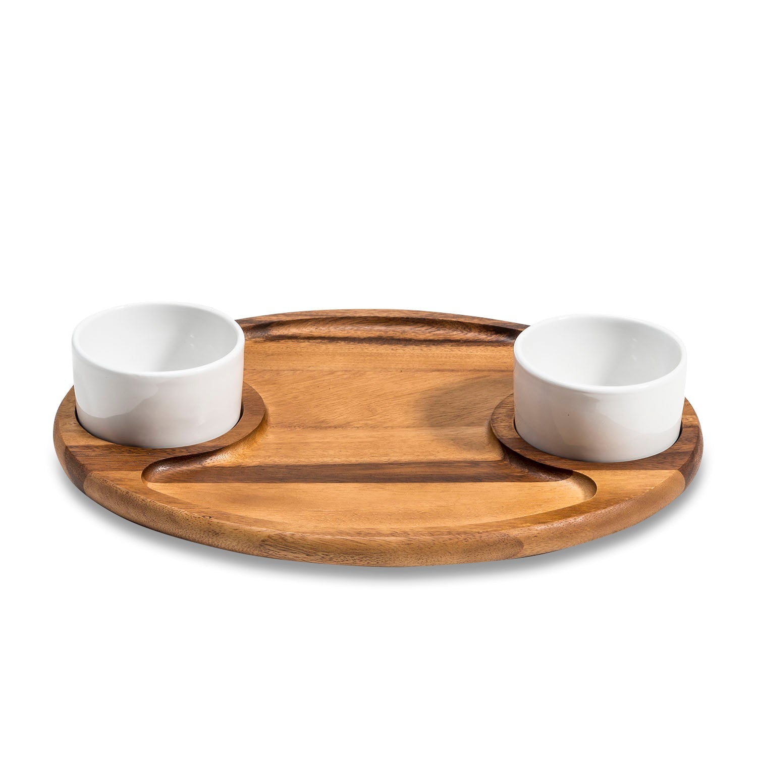Charcuterie Serving Tray Acacia Board with 2 Ceramic Bowls and Lids BandsCo Straps