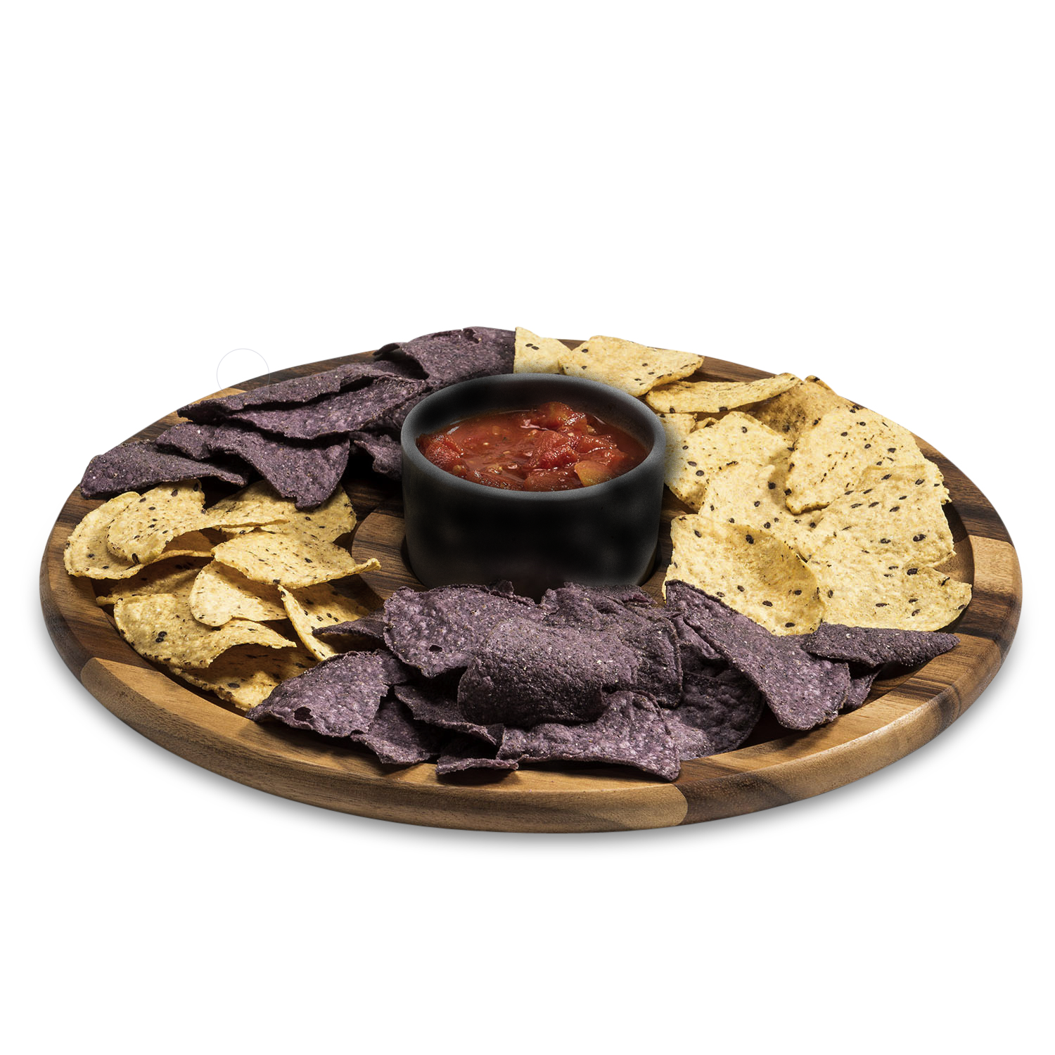 Acacia Wood 12in Chip and Dip Serving Tray With Black Ceramic Bowl BandsCo Straps