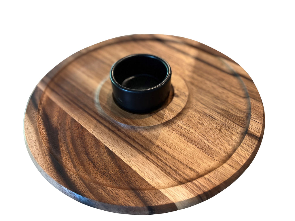 Acacia Wood 12in Chip and Dip Serving Tray With Black Ceramic Bowl BandsCo Straps