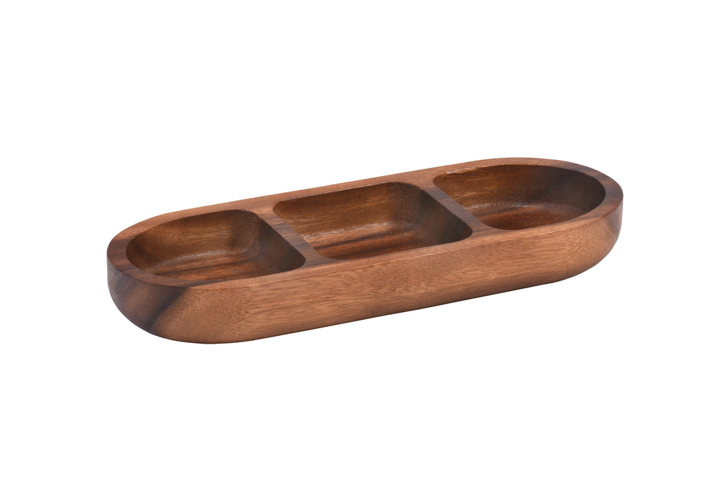 Acacia Wood 3-Compartment Candy Nut Tray Bowl - Rustic Serving Snack Dish BandsCo Straps