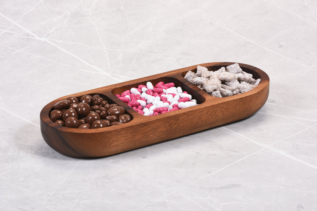 Acacia Wood 3-Compartment Candy Nut Tray Bowl - Rustic Serving Snack Dish BandsCo Straps