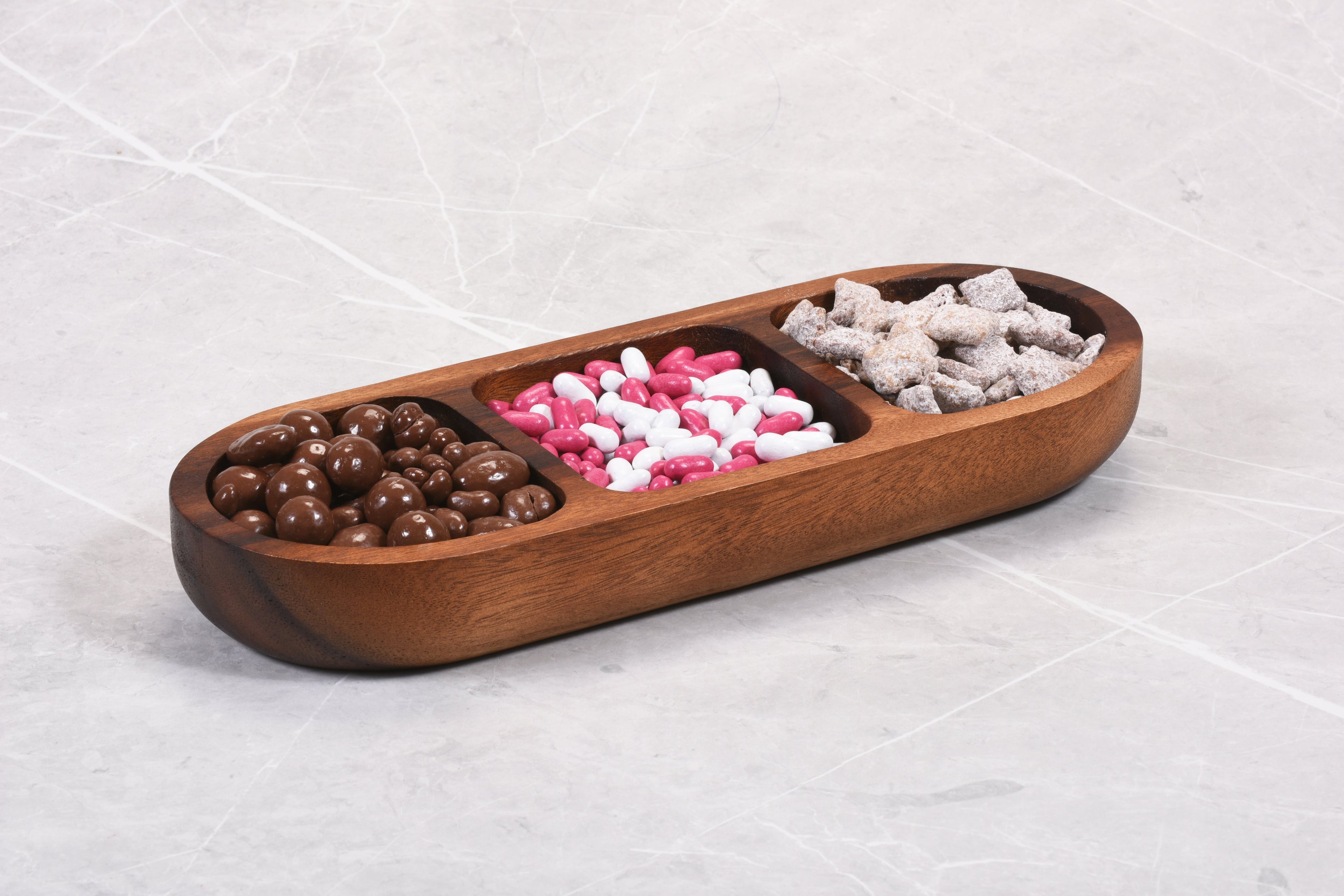 Acacia Wood 3-Compartment Candy Nut Tray Bowl - Rustic Serving Snack Dish BandsCo Straps