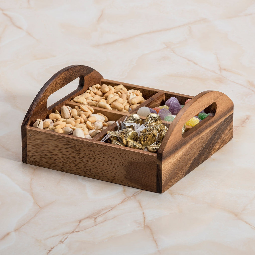 Acacia Wood 4 Compartment Snack Tray With Handles Serving Caddy For Nuts BandsCo Straps