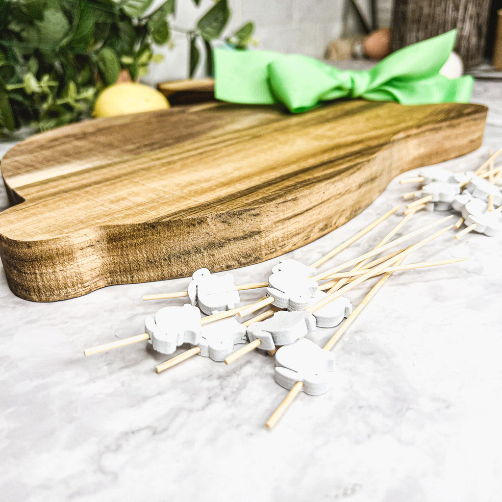 Acacia Wood Bunny Cutting Board With 20 Bunny Toothpicks And Ribbon Gift BandsCo Straps