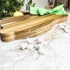 Acacia Wood Bunny Cutting Board With 20 Bunny Toothpicks And Ribbon Gift BandsCo Straps
