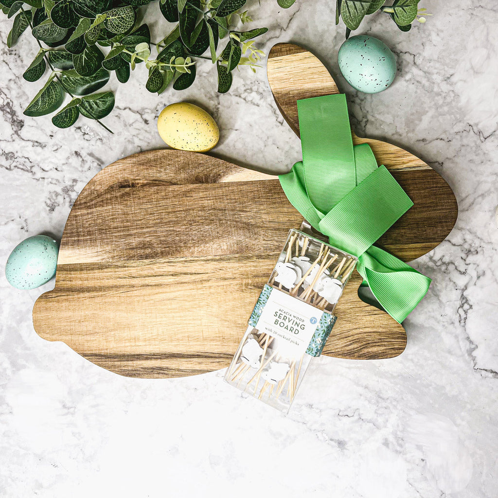 Acacia Wood Bunny Cutting Board With 20 Bunny Toothpicks And Ribbon Gift BandsCo Straps