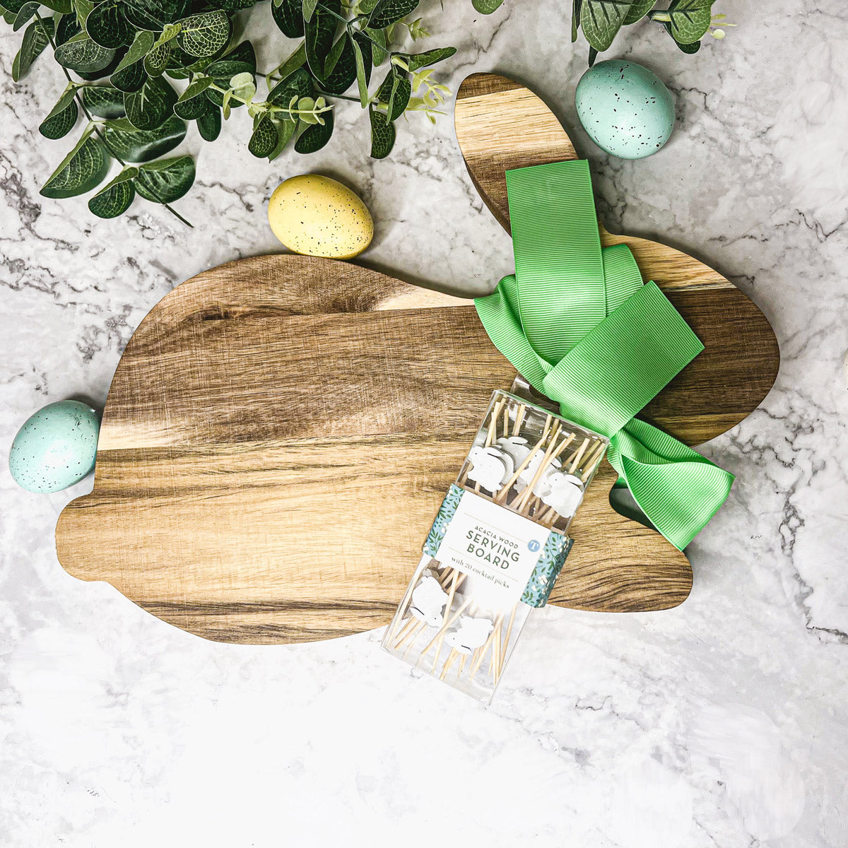 Acacia Wood Bunny Cutting Board With 20 Bunny Toothpicks And Ribbon Gift BandsCo Straps