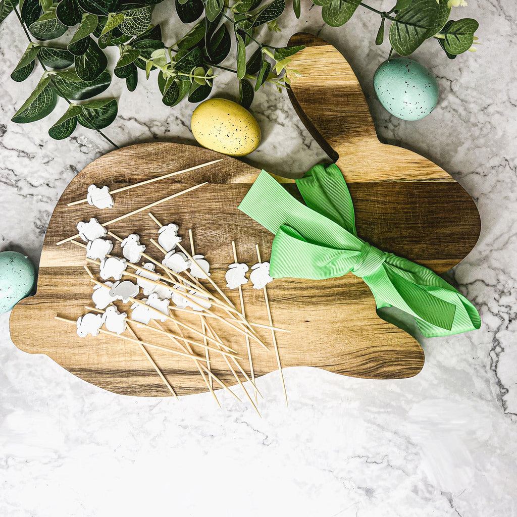 Acacia Wood Bunny Cutting Board With 20 Bunny Toothpicks And Ribbon Gift BandsCo Straps