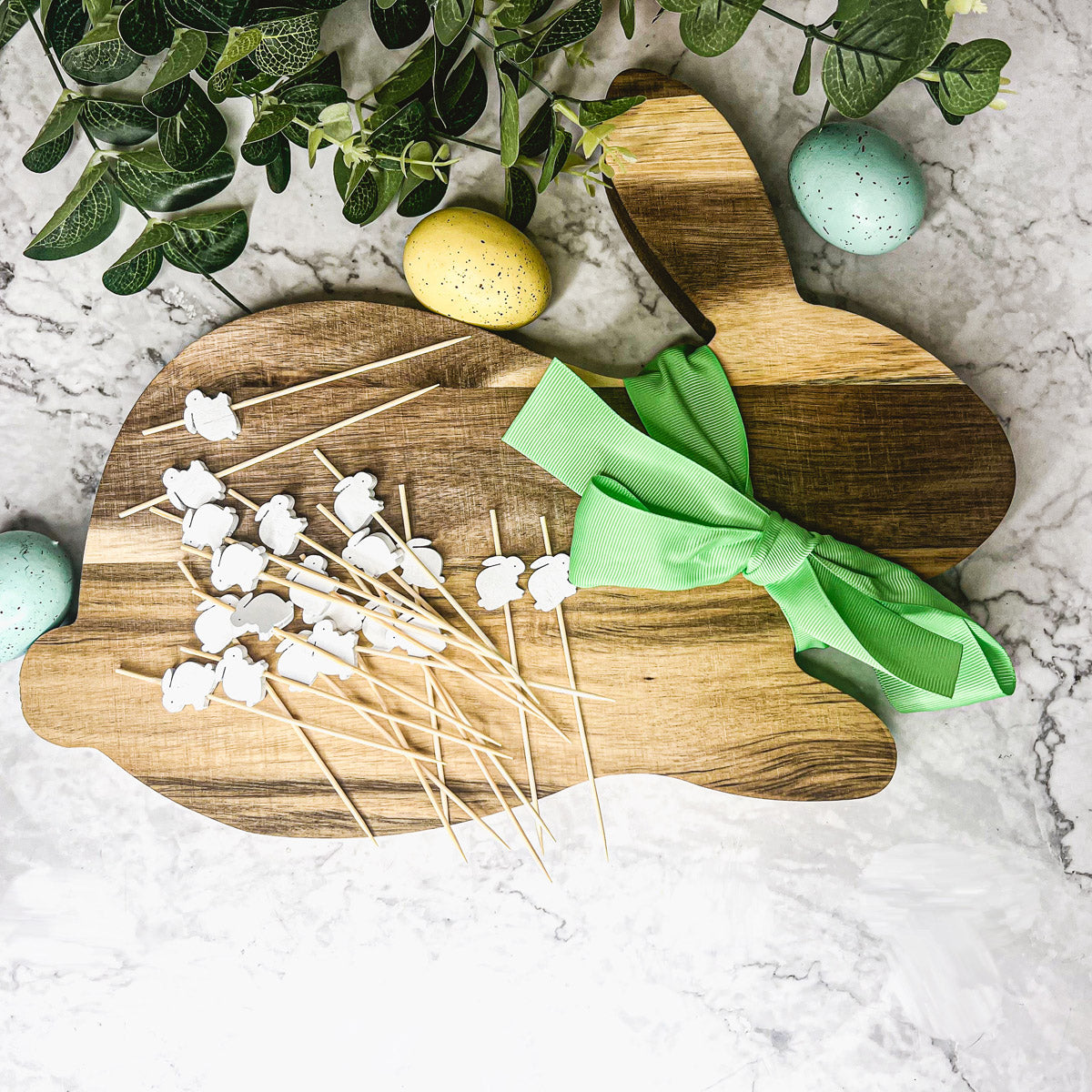 Acacia Wood Bunny Cutting Board With 20 Bunny Toothpicks And Ribbon Gift BandsCo Straps