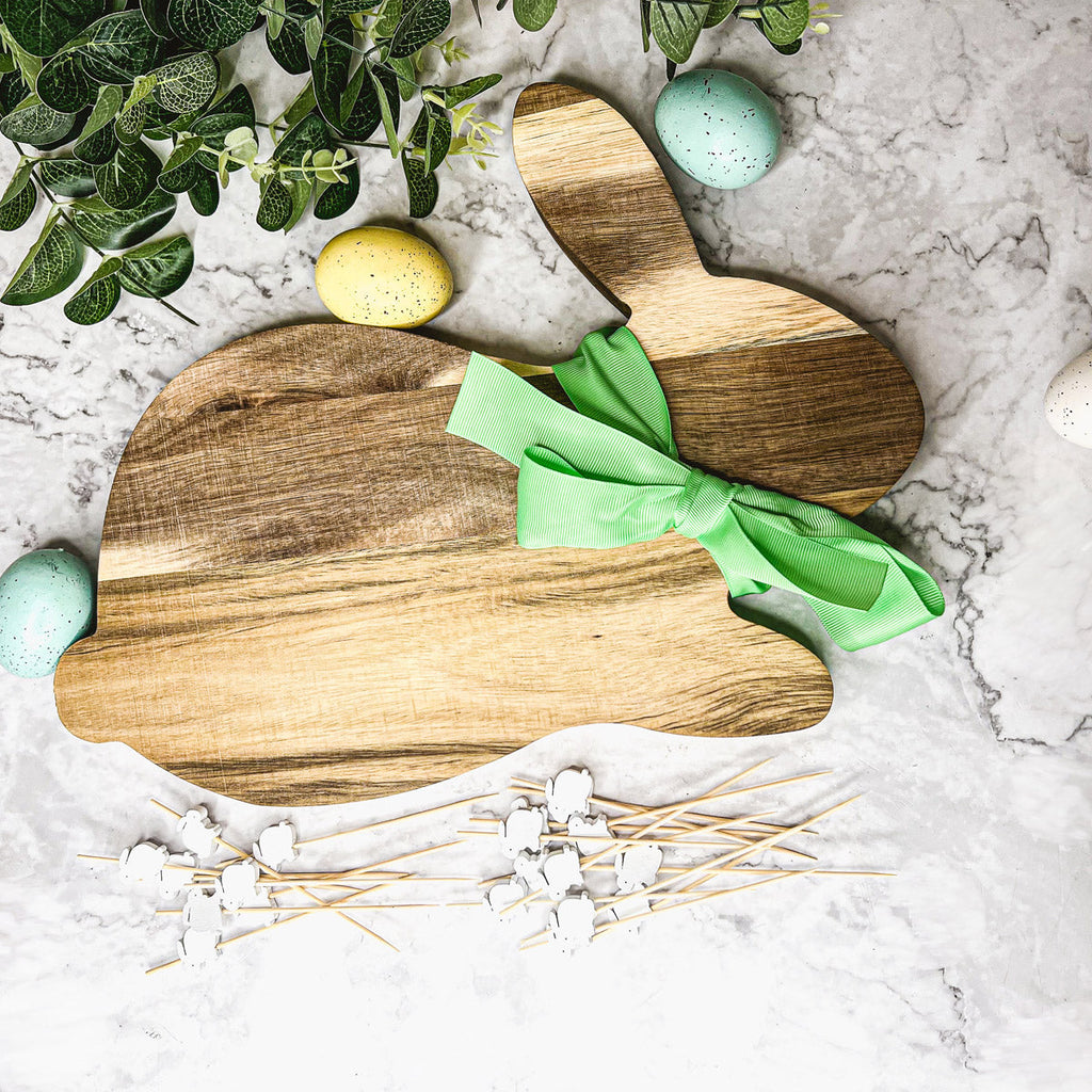 Acacia Wood Bunny Cutting Board With 20 Bunny Toothpicks And Ribbon Gift BandsCo Straps