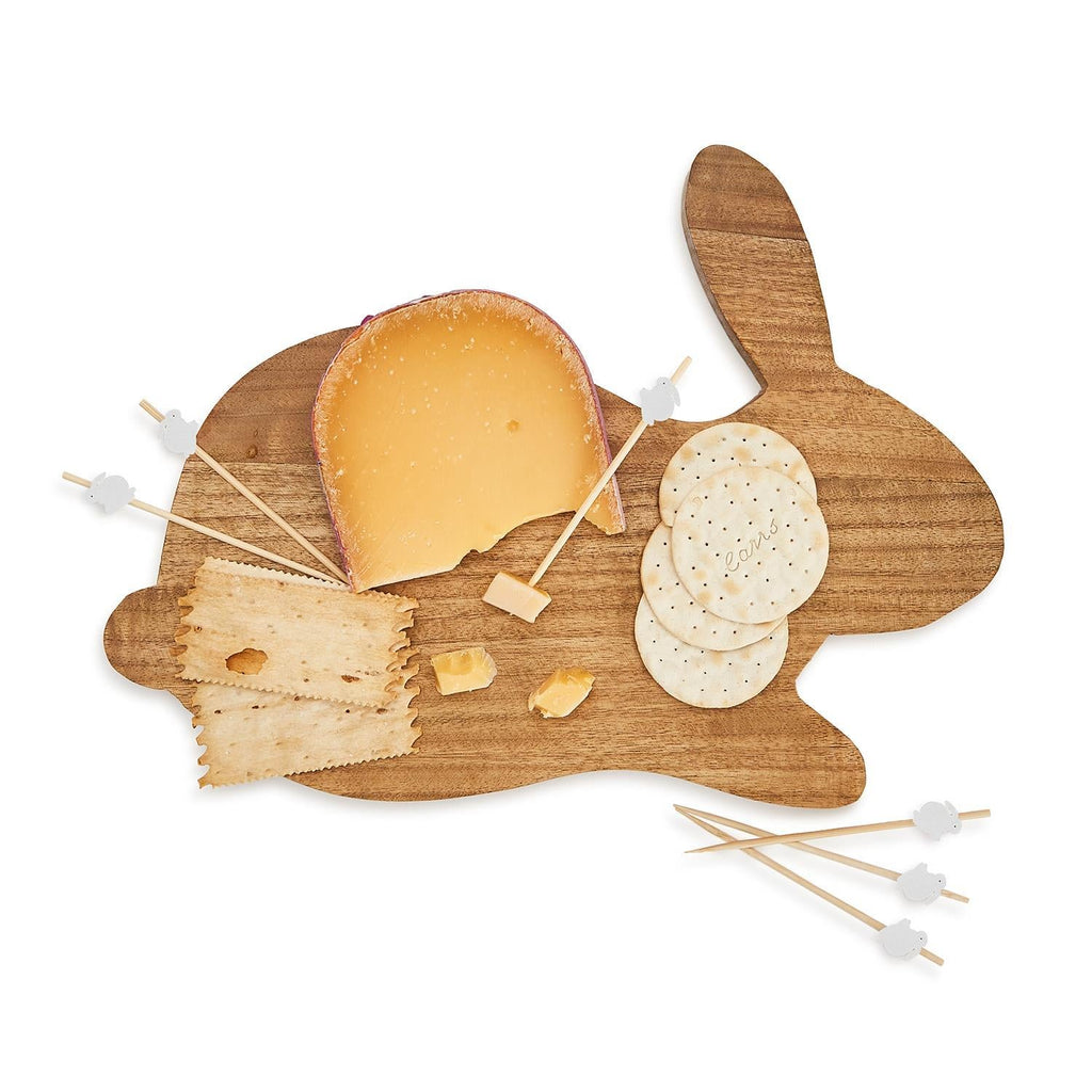 Acacia Wood Bunny Cutting Board With 20 Bunny Toothpicks And Ribbon Gift BandsCo Straps