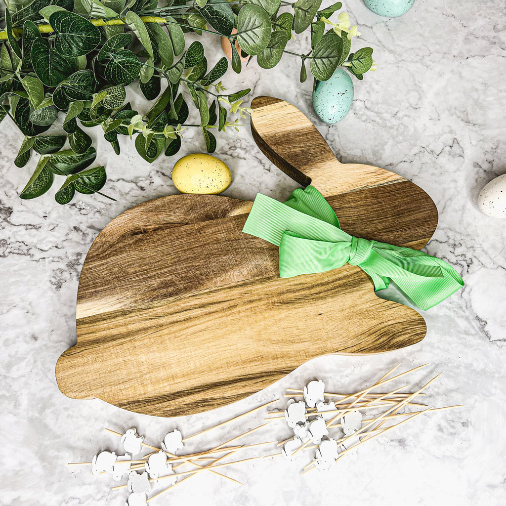 Acacia Wood Bunny Cutting Board With 20 Bunny Toothpicks And Ribbon Gift BandsCo Straps