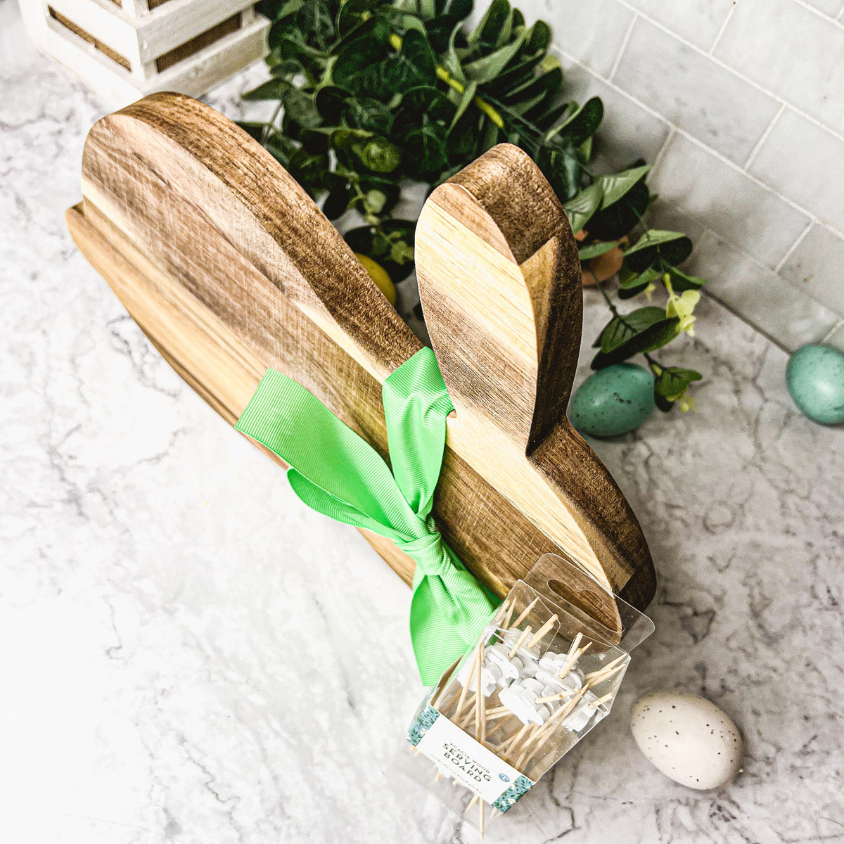 Acacia Wood Bunny Cutting Board With 20 Bunny Toothpicks And Ribbon Gift BandsCo Straps