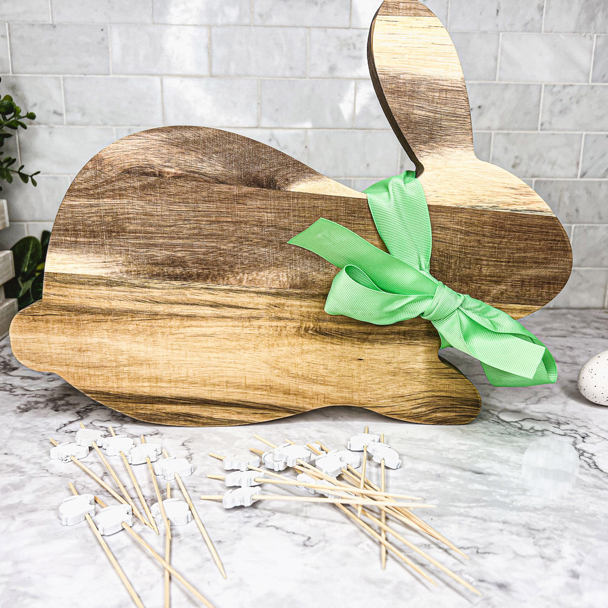 Acacia Wood Bunny Cutting Board With 20 Bunny Toothpicks And Ribbon Gift BandsCo Straps