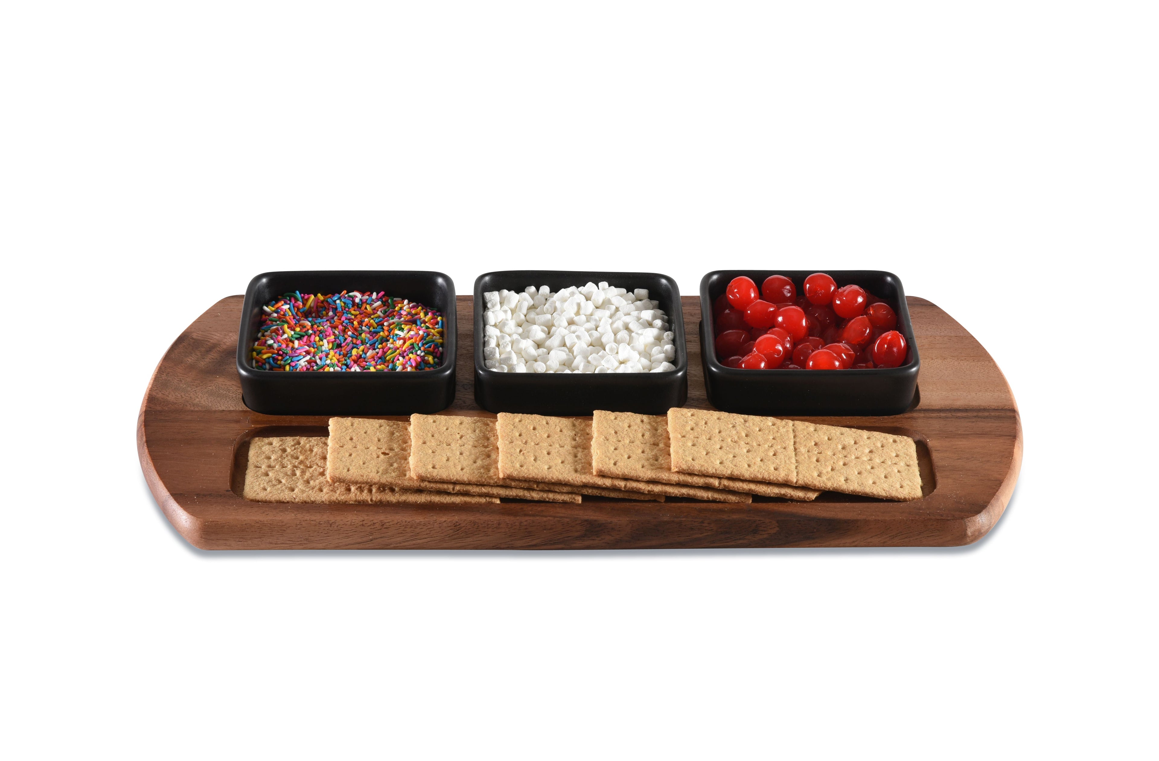 Acacia Wood Charcuterie Serving Tray 18 x 9 With 3 Black Ceramic Bowls BandsCo Straps