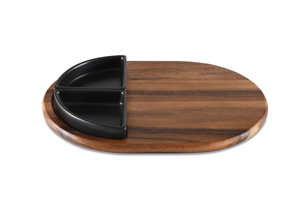 Acacia Wood Charcuterie Tray 15x11 With 2 Black Triangular Ceramic Bowls BandsCo Straps