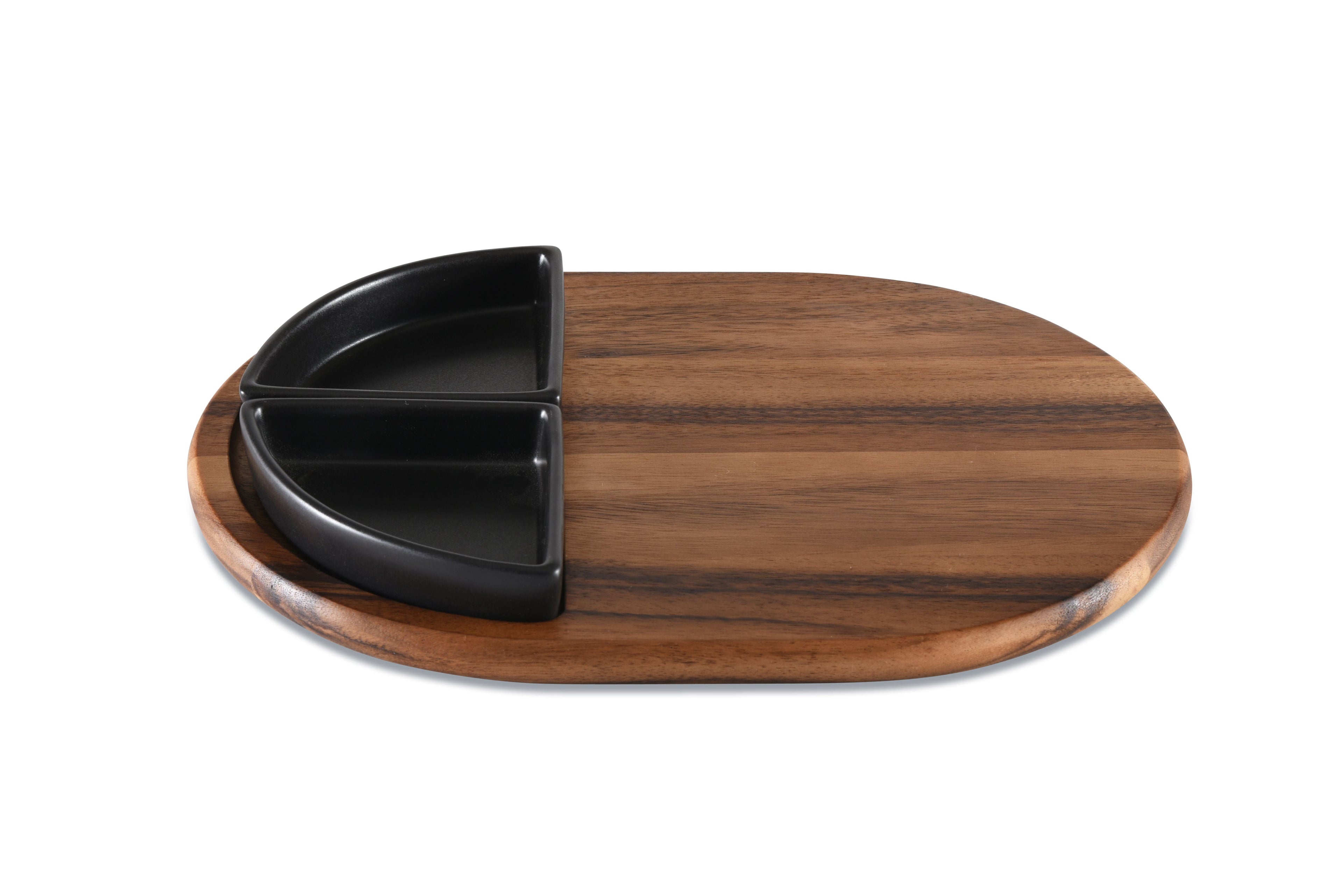 Acacia Wood Charcuterie Tray 15x11 With 2 Black Triangular Ceramic Bowls BandsCo Straps