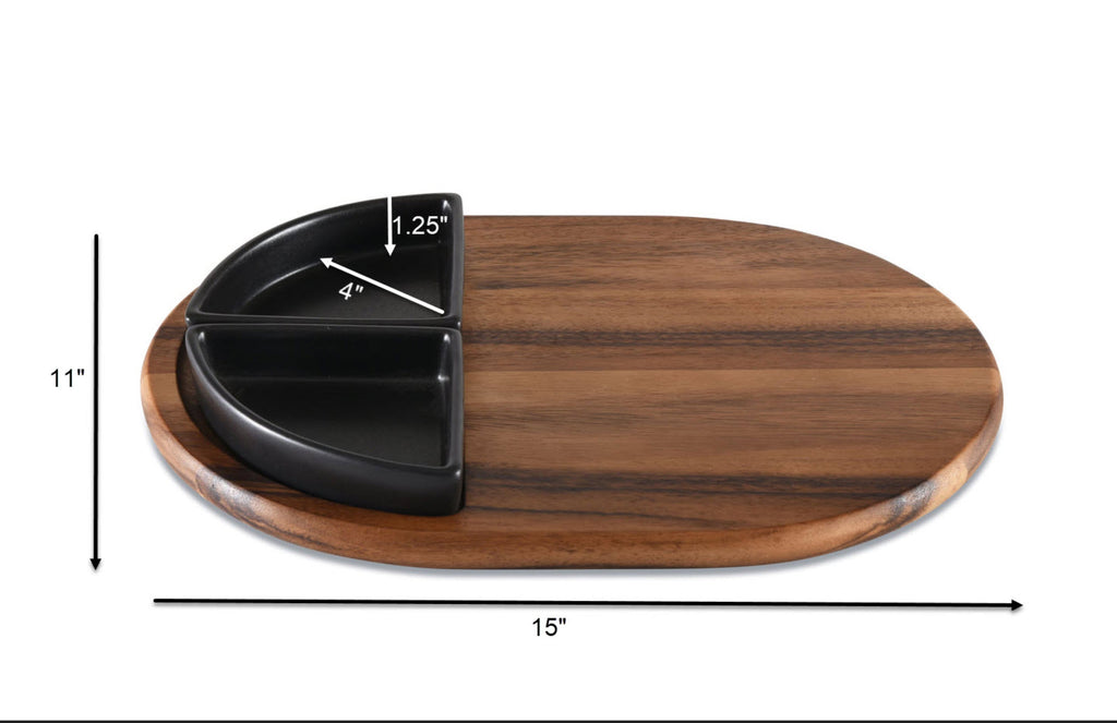 Acacia Wood Charcuterie Tray 15x11 With 2 Black Triangular Ceramic Bowls BandsCo Straps