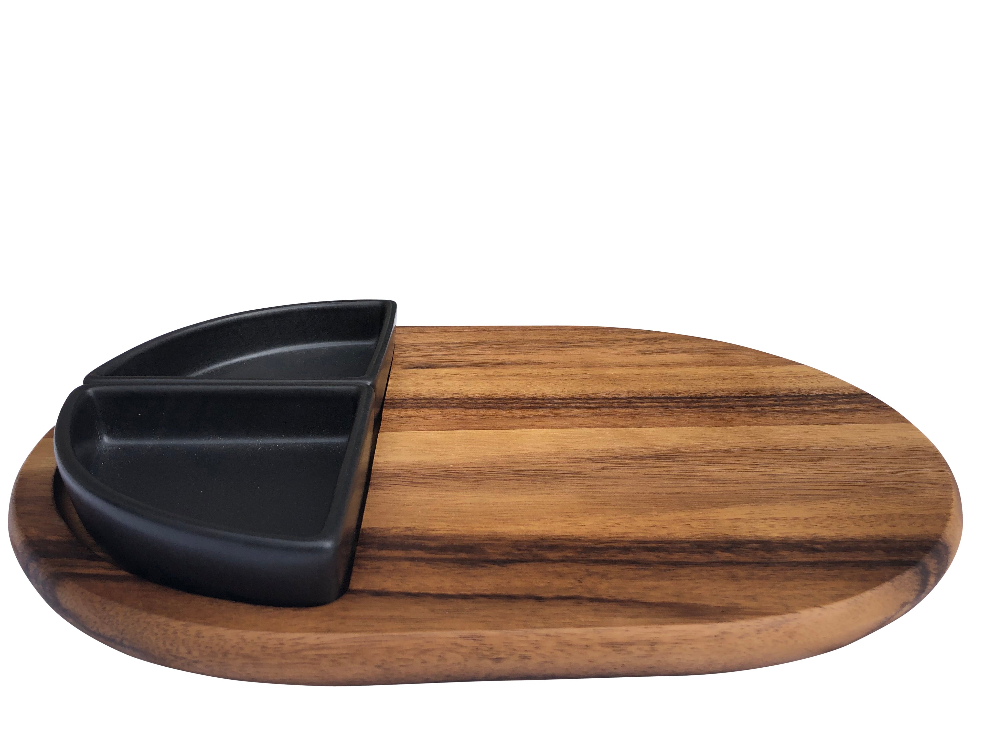 Acacia Wood Charcuterie Tray 15x11 With 2 Black Triangular Ceramic Bowls BandsCo Straps