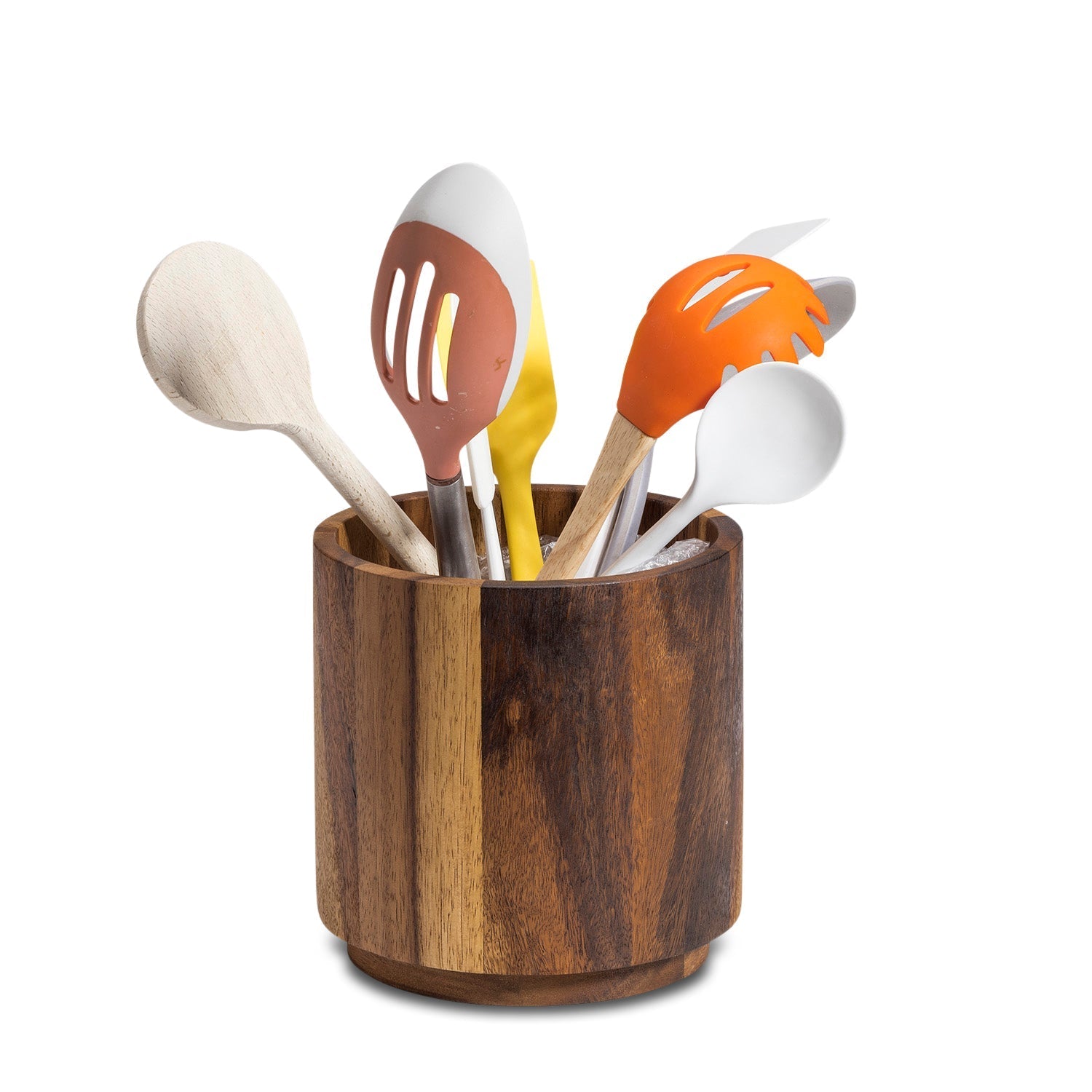 Acacia Wood Rotating Lazy Susan Utensil Holder 7 x 7 Inch Countertop Organizer BandsCo Straps