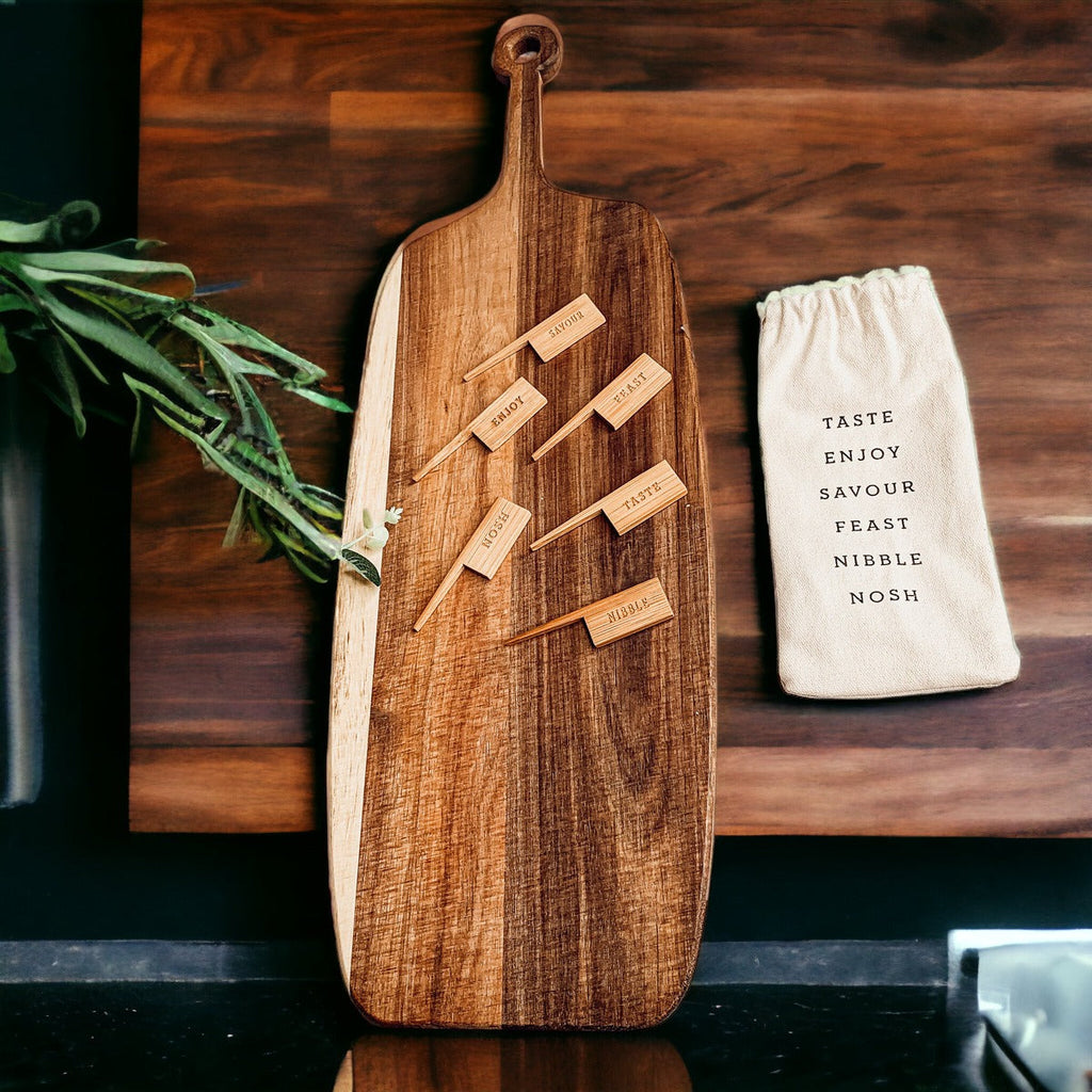 Acacia Wood Serving Board 23x8 Inch With Bamboo Cheese Markers And Handle