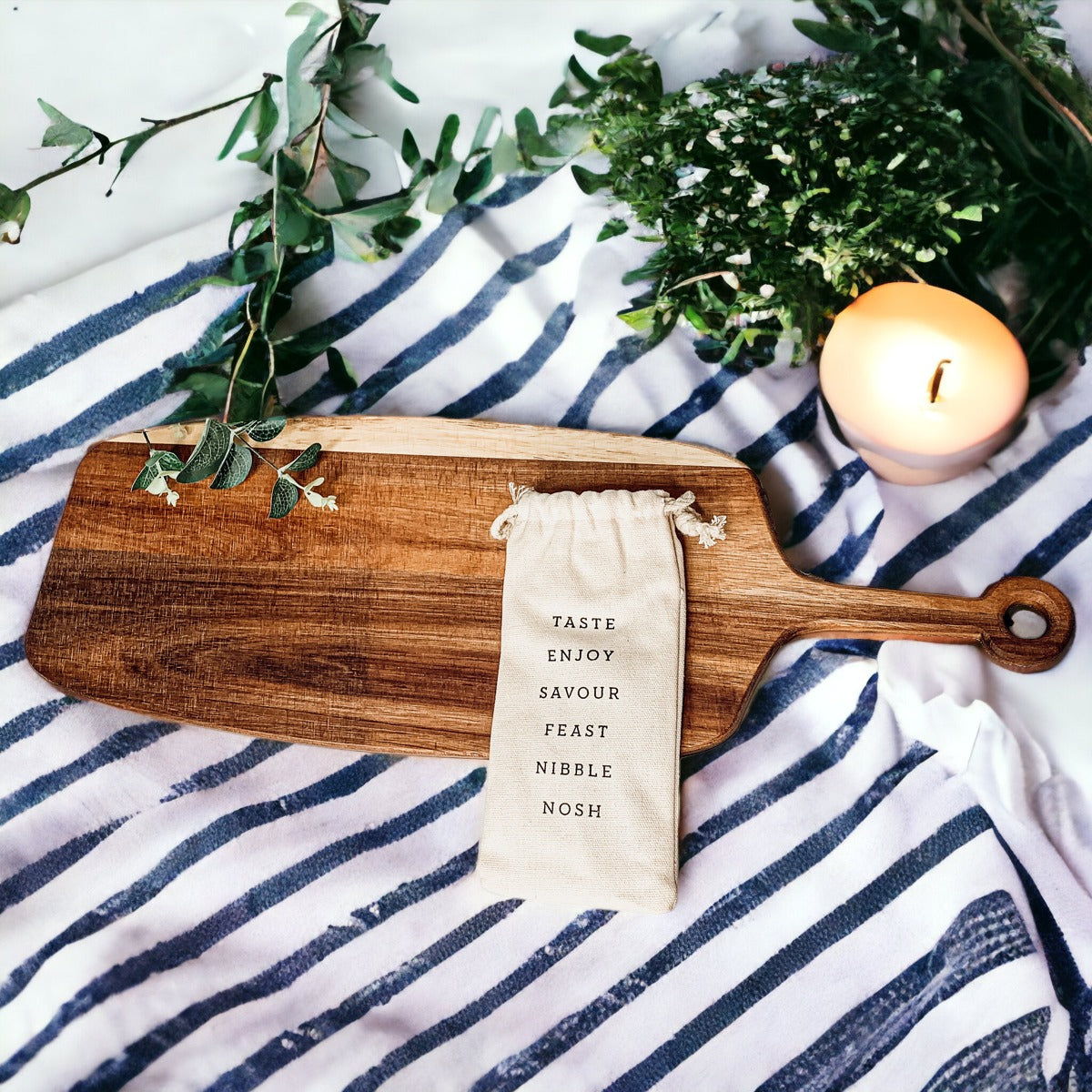 Acacia Wood Serving Board 23x8 Inch With Bamboo Cheese Markers And Handle