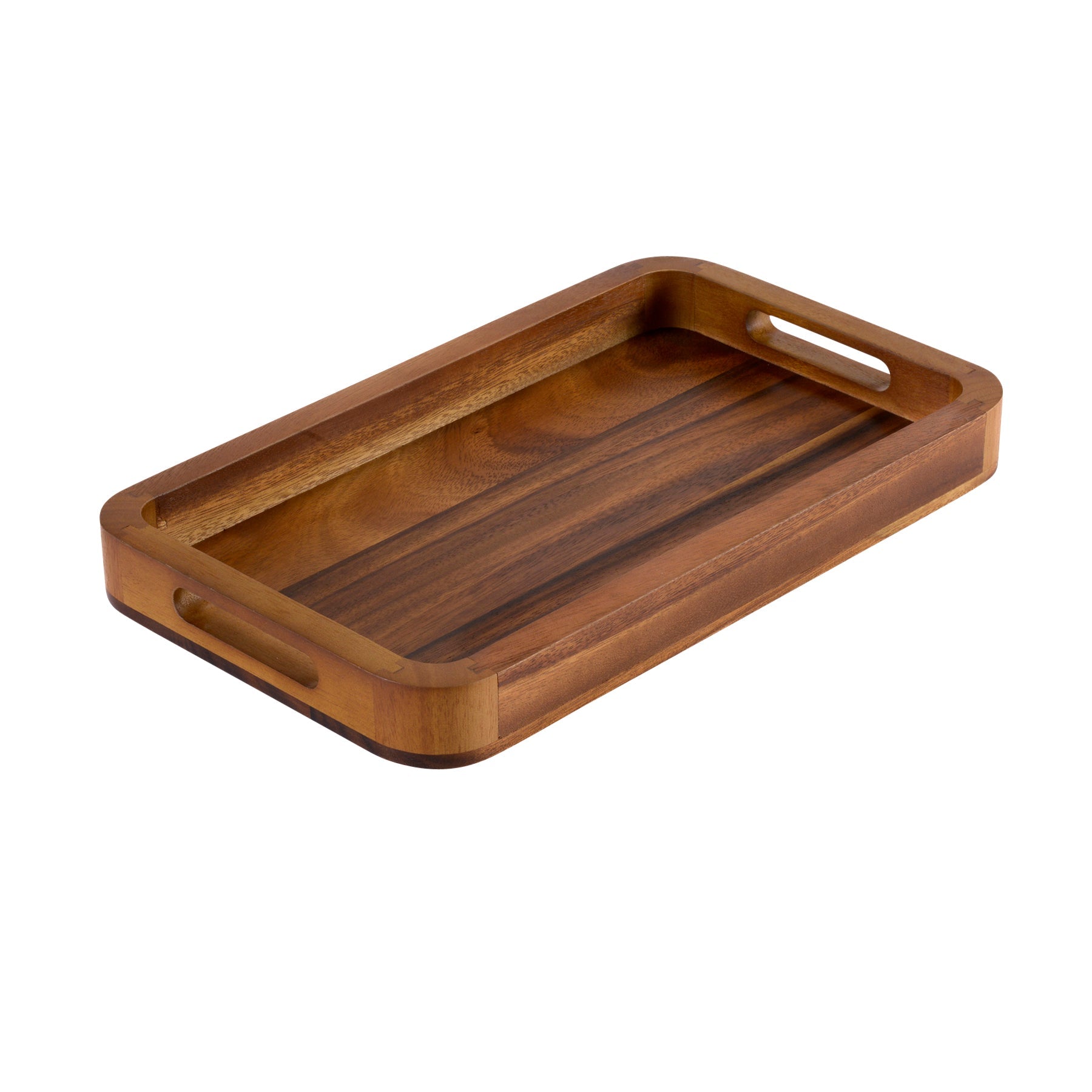 Acacia Wood Serving Tray 15x9 Medium Rectangular Solid Bottom Serving Platter BandsCo Straps