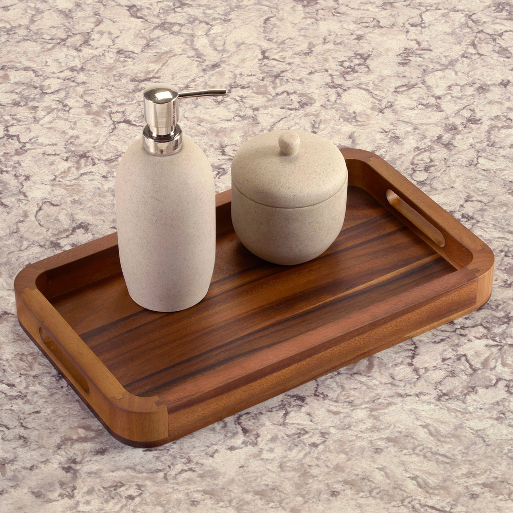 Acacia Wood Serving Tray 15x9 Medium Rectangular Solid Bottom Serving Platter BandsCo Straps