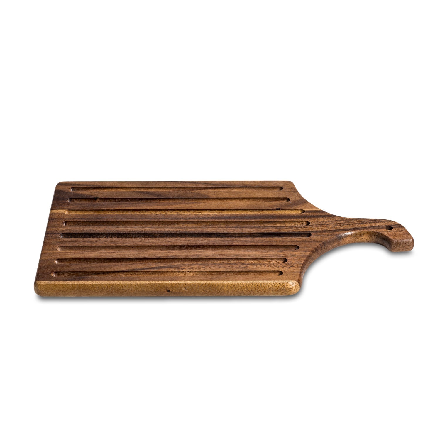 Acacia Wood Slotted Bread Board 10 x 18 Inch Crumb Catching Cutting Board BandsCo Straps