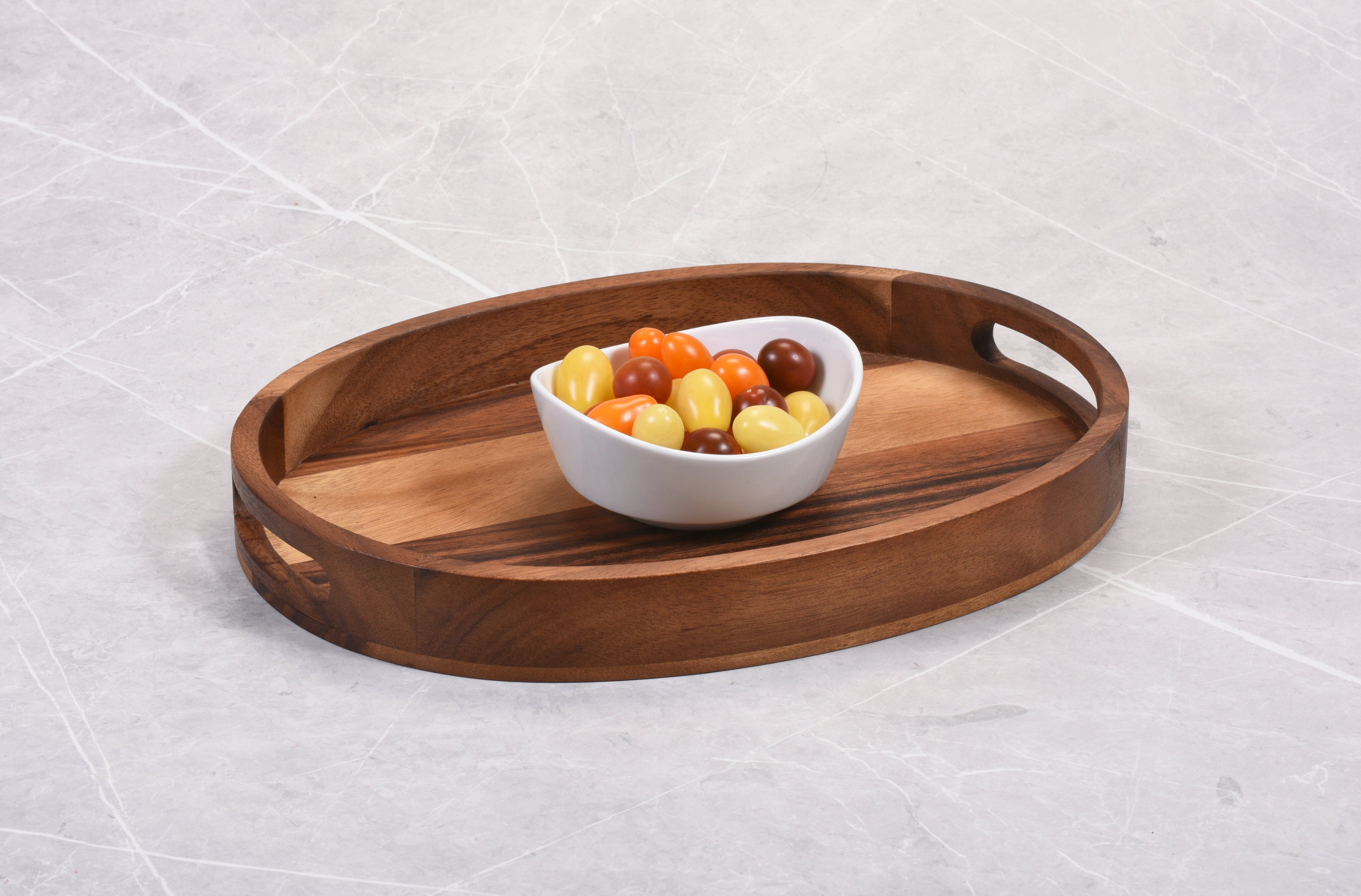 Acacia Wood Small Oval Serving Tray Handcrafted Durable Natural Decor BandsCo Straps