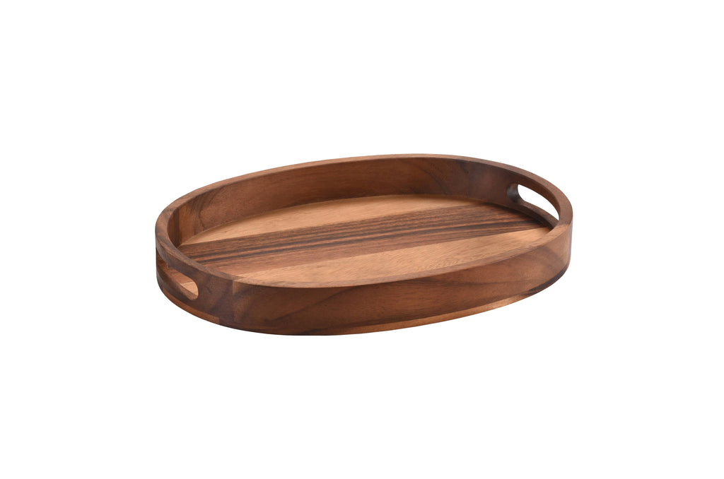 Acacia Wood Small Oval Serving Tray Handcrafted Durable Natural Decor BandsCo Straps