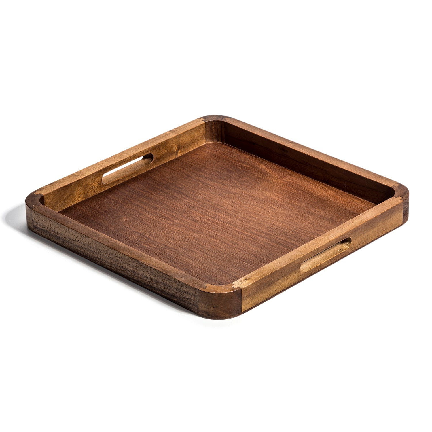 Acacia Wood Square Serving Tray 14 Inch x 14 Inch Handcrafted Natural Grain BandsCo Straps