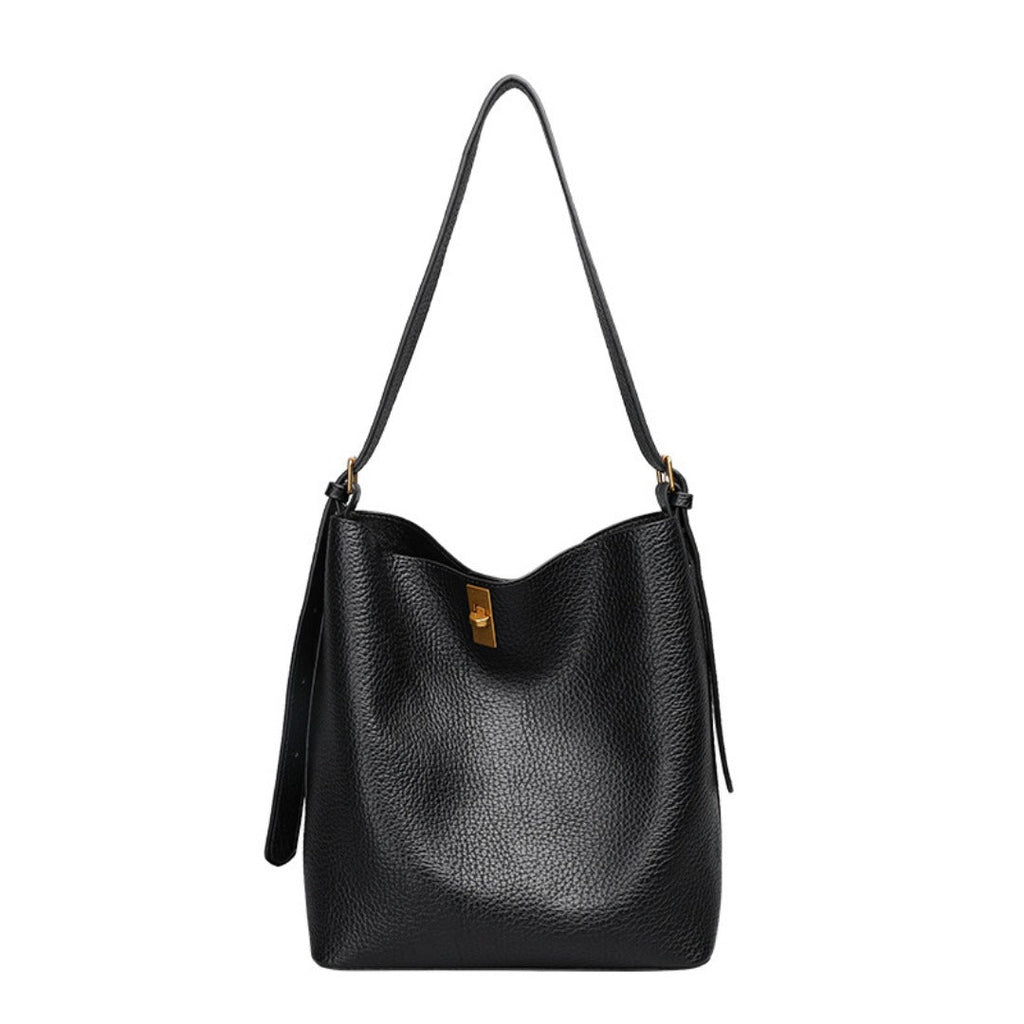 Large Capacity Versatile Bucket Bag for Female - Retro Texture Soft PU Crossbody Hobo Bag with Lock, 2 in 1 Casual Style