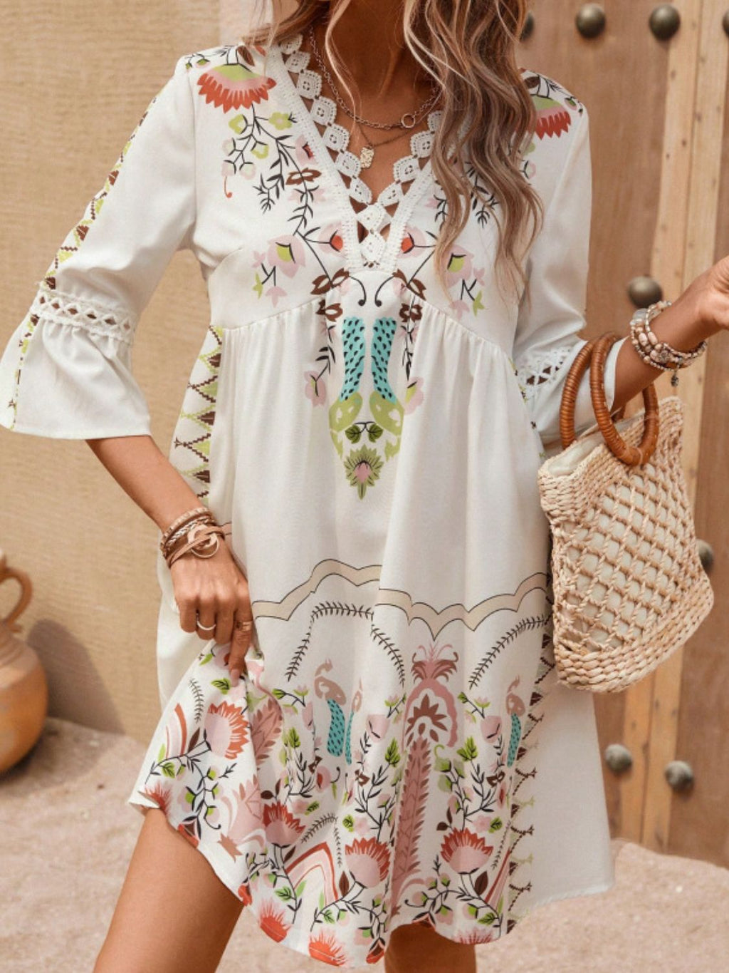 Exquisite Summer Feminine Lace Detail Printed Dress Chic Midi Lightweight Dress Stevvex