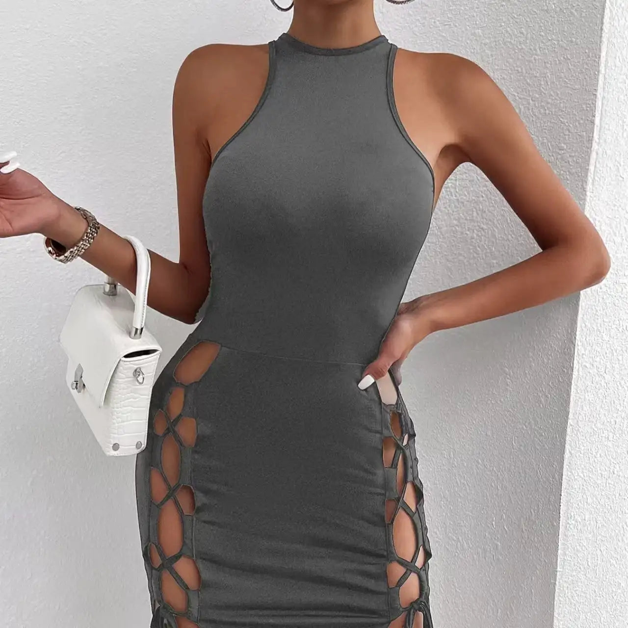 Women's Solid Color Sleeveless Skirt With Slit And Cross Tie, Sexy Tight Fitting Hip Hugging Dress, Short Skirt - SJB-DIAMOND ELITES