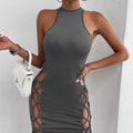 Women's Solid Color Sleeveless Skirt With Slit And Cross Tie, Sexy Tight Fitting Hip Hugging Dress, Short Skirt - SJB-DIAMOND ELITES