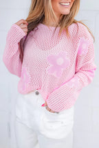60s Flower Drop Shoulder Hollow Knit Top Light Grey -Femstylo