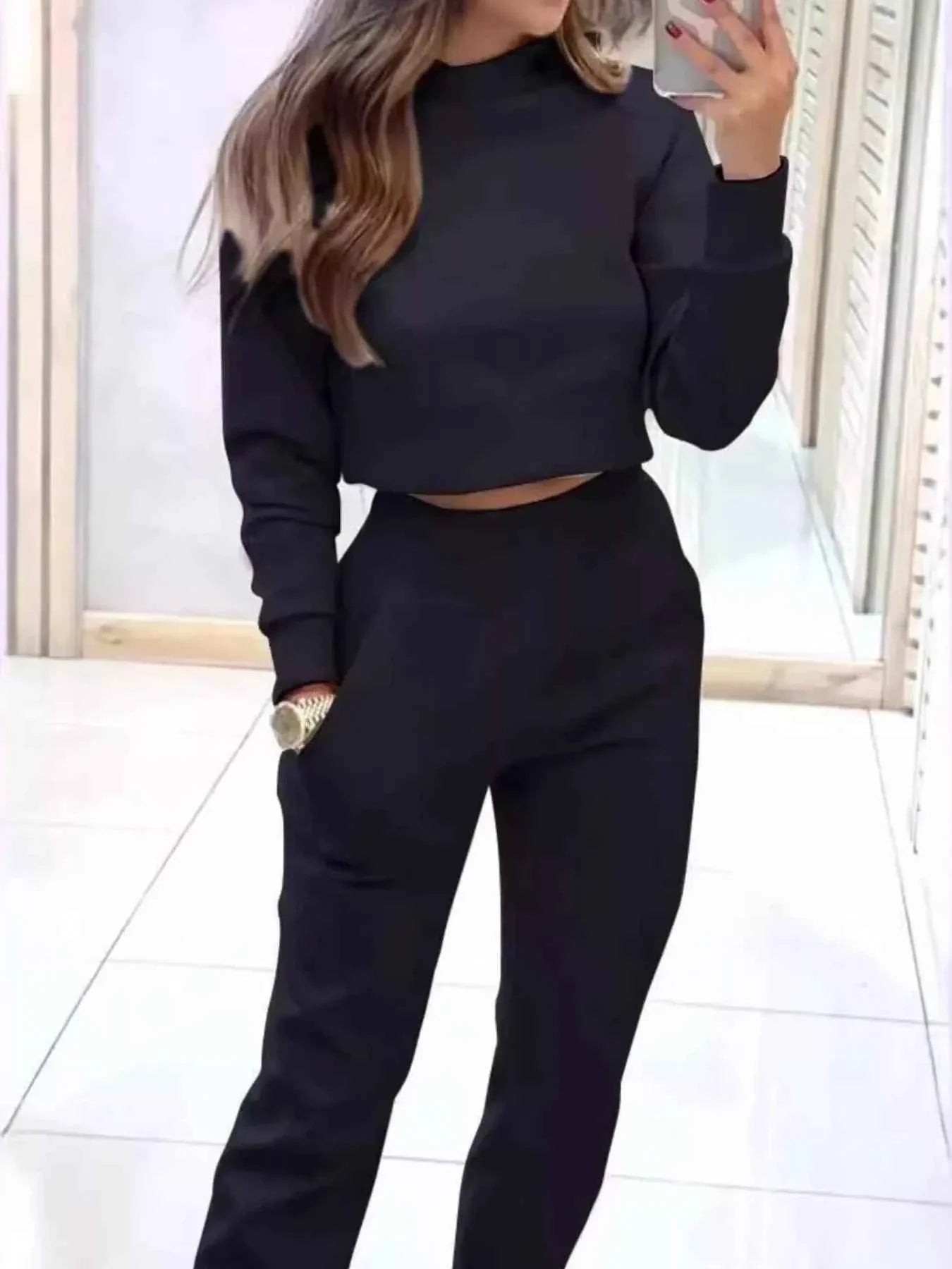 Casual Chic Cropped Sweatshirt and Jogger Set THRIXINE