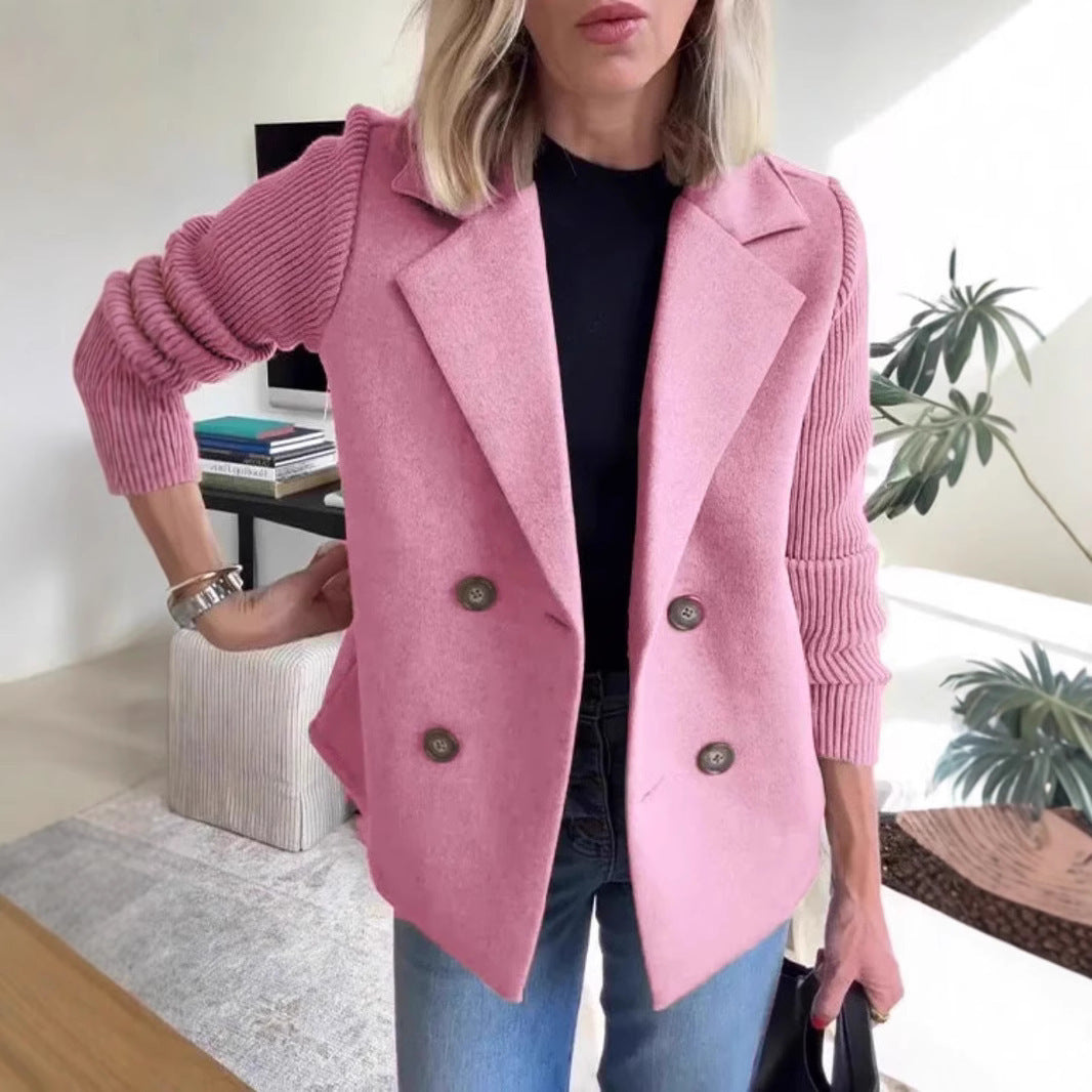 Double Breasted Lapel Jacket Fashion Knitted Sleeves Splicing Design Coat Outerwear Women's Clothing Pi-Mart