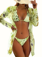 Bikini European Style Floral Print 3 Piece Swimsuit Set for Women – Sexy V Neck Bikini with Cross Strap Detail and Matching Long Sleeve Cover-Up – High Stretch Trendy Swimwear for Summer Beach Vacations Resort Looks and Poolside Fashion