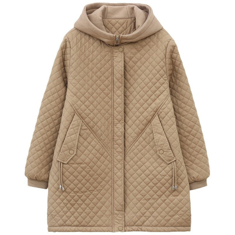Women's Rhombus Cotton-padded Mid-length Loose Fleece-lined Pi-Mart