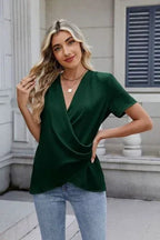 Out of State - Solid Color Surplice Short Sleeve Blouse