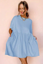 Sky Blue Solid Color Pocket Raw Edge Babydoll Dress