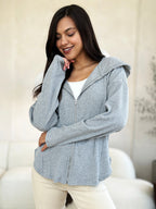 Culture Code Full Size Ribbed Zip Up Drawstring Hooded Jacket Women Trendy Jacket With Adjustable Hood For Women