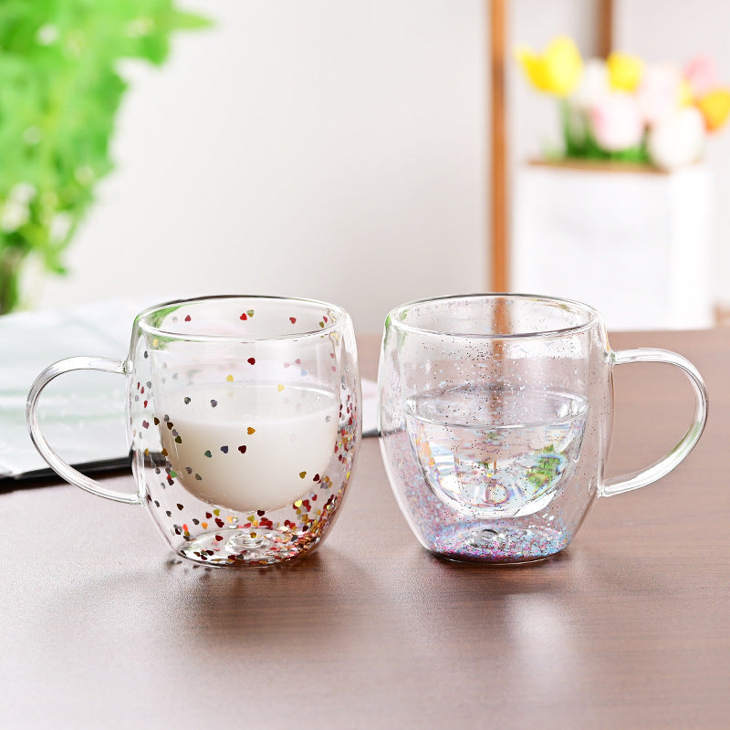 Creative Household Coffee Milk Dried Flower Quicksand Double Layer Glass Cup Pi-Mart