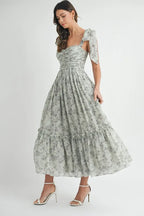 Floral Bust Ruched Midi Dress with Shoulder Tie For Women – Ruched Midi Dress For Summer, Floral Bust Dress, Shoulder Tie Dress, Feminine Midi Dress, Chic Event Dress