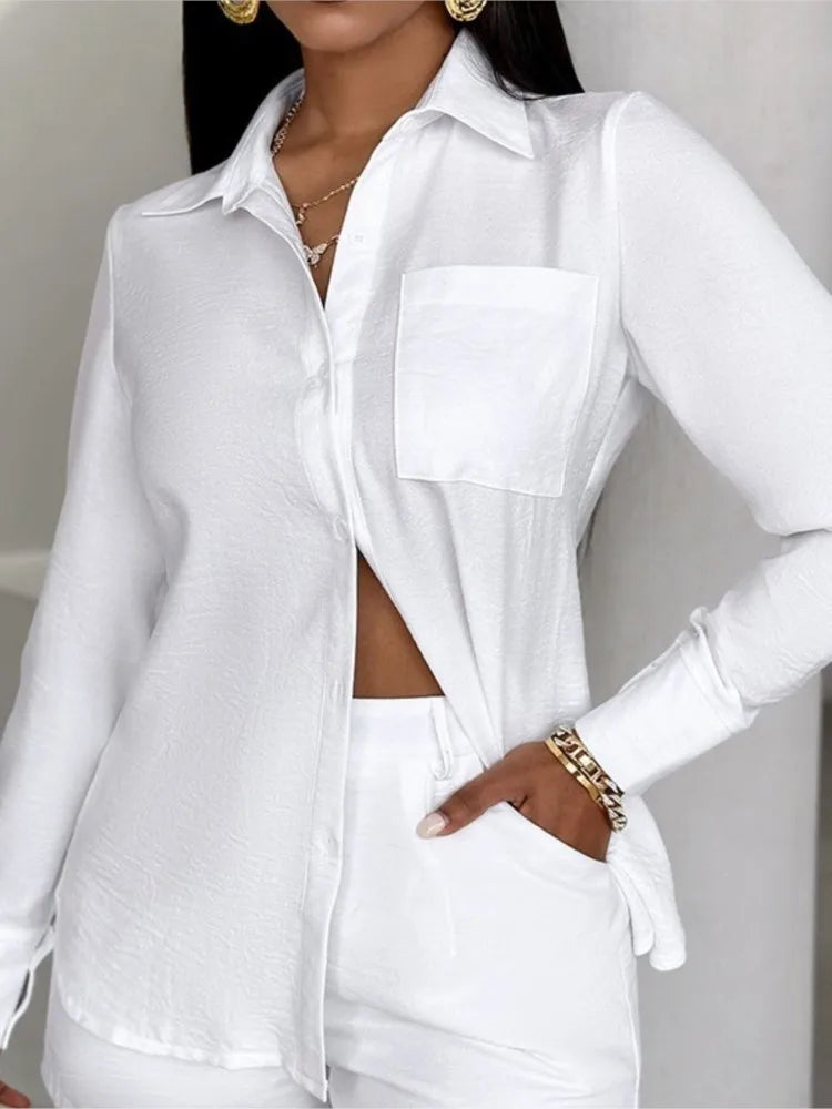 Fashion Two Piece Outfits Women's Turn-down Collar Pocket Design Button Shirt Top & Shorts Set New Summer Women Solid 2pcs Sets Purplish Diva
