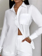 Fashion Two Piece Outfits Women's Turn-down Collar Pocket Design Button Shirt Top & Shorts Set New Summer Women Solid 2pcs Sets Purplish Diva